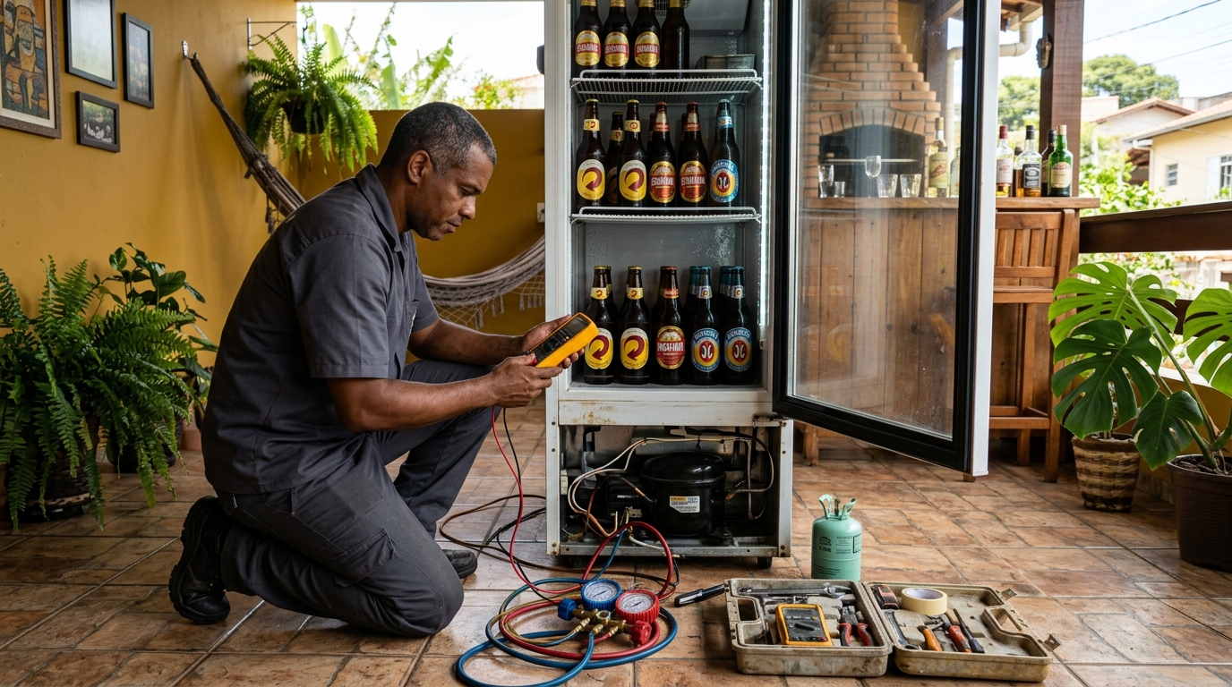 Placa eletrônica de cervejeira em reparo na bancada em Aparecida de Goiânia‑GO