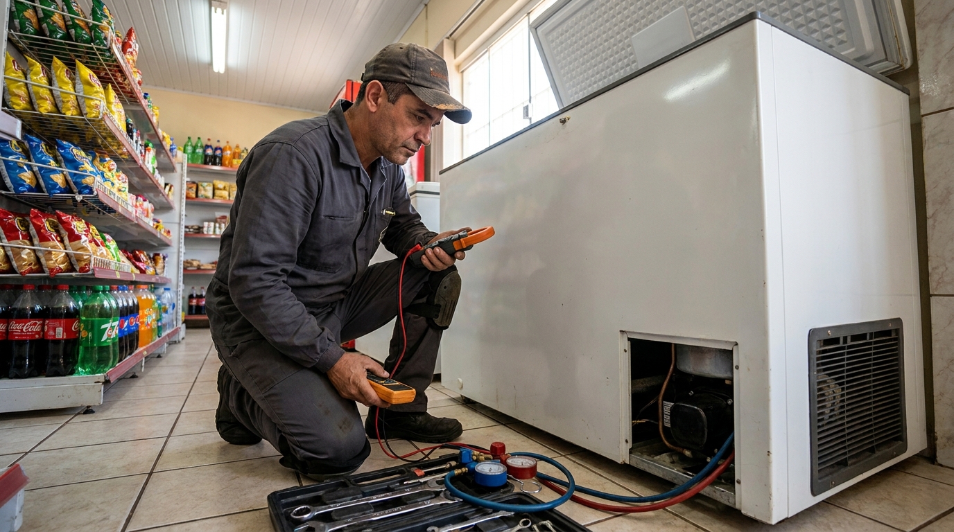 Reparo da placa eletrônica de um freezer em atendimento em Aparecida de Goiânia‑GO