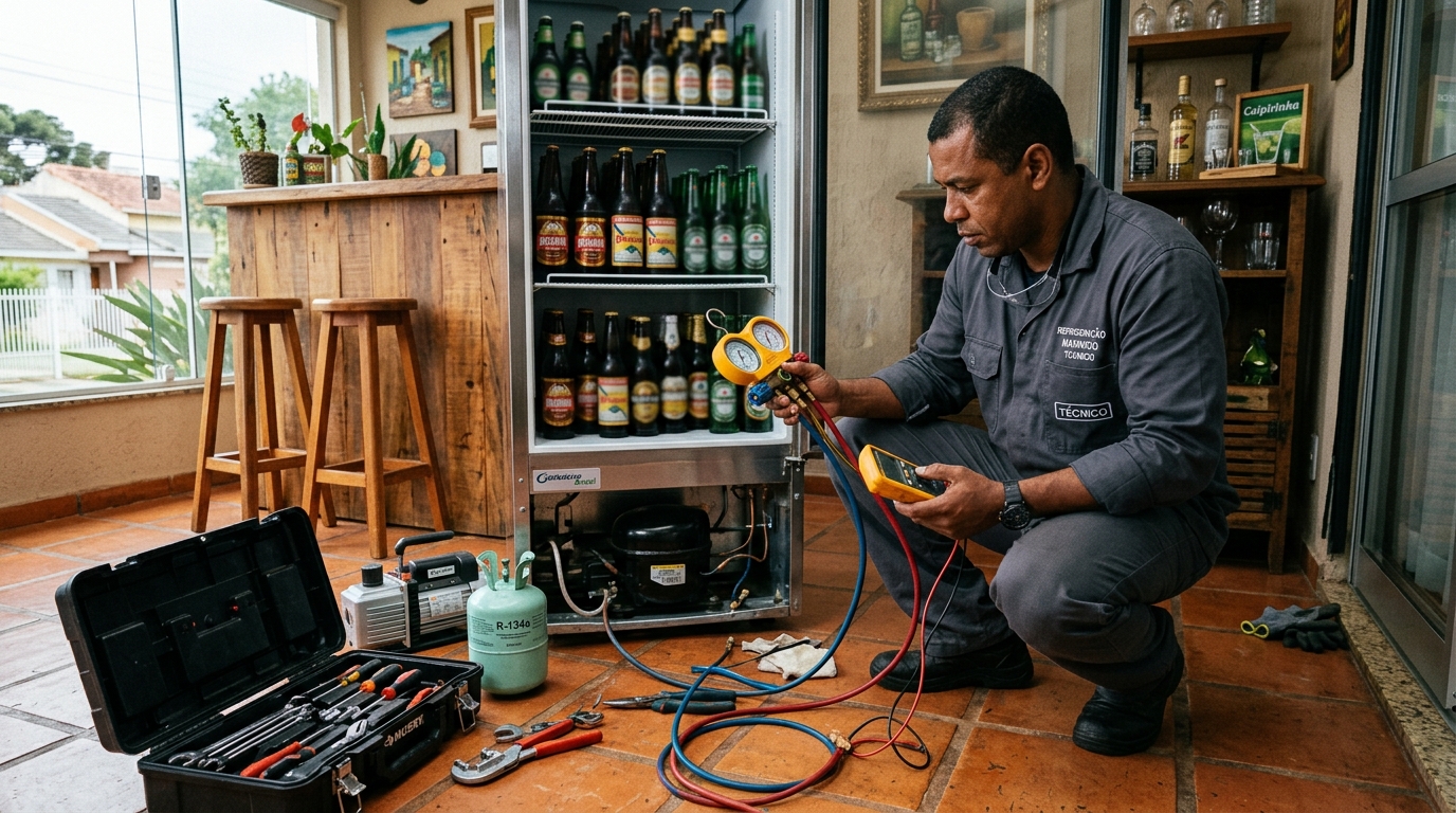 Técnico revisando o motor de uma cervejeira durante chamado em Aparecida de Goiânia‑GO