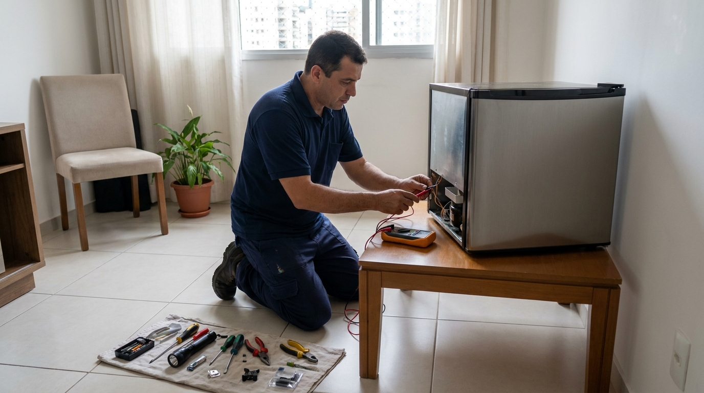 Técnico revisando o motor de um frigobar em Aparecida de Goiânia‑GO