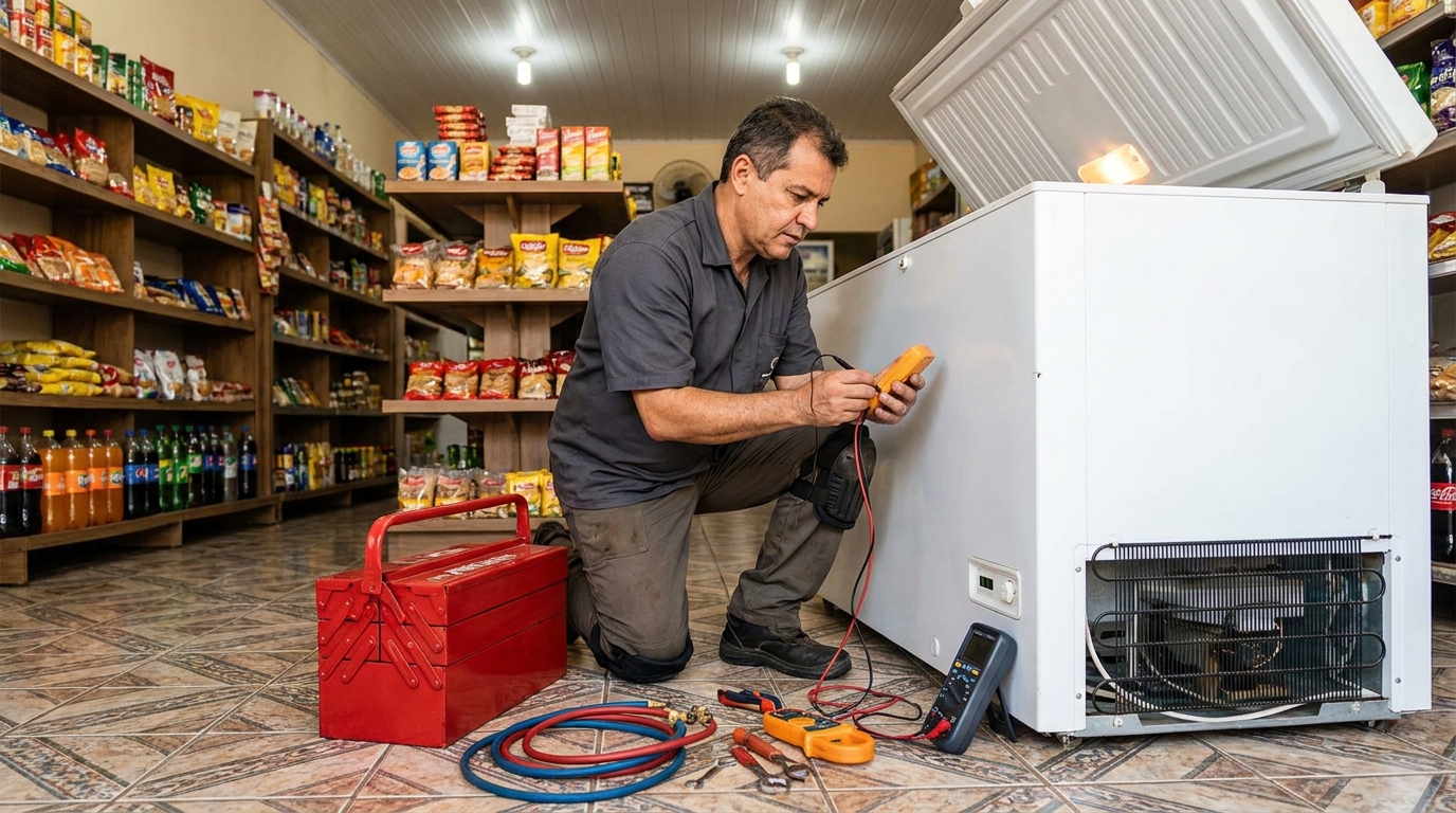 Manômetro conectado ao circuito durante recarga de gás de freezer em Aparecida de Goiânia‑GO