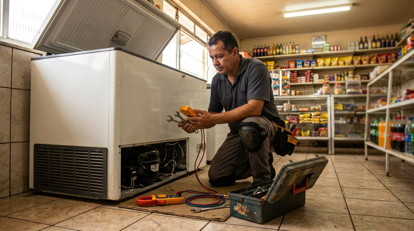 Técnico avaliando um freezer vertical durante atendimento em Aparecida de Goiânia‑GO